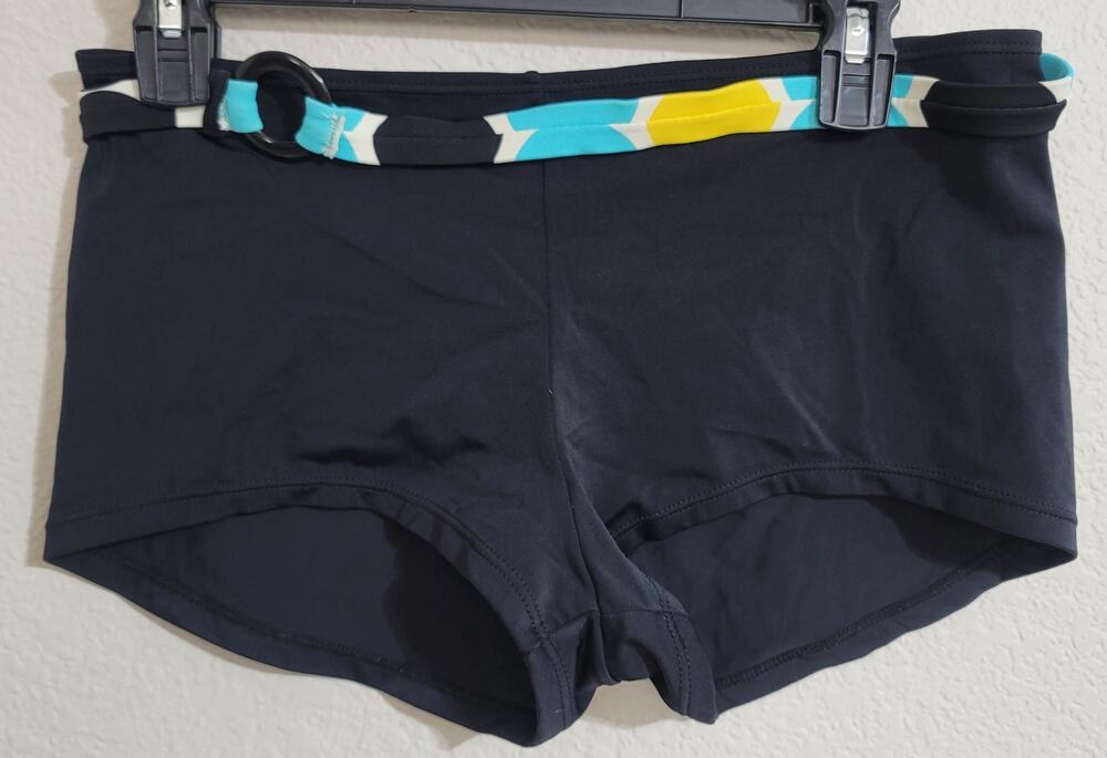 Malibu Black Teal Yellow Cheeky Swim Bottoms Large Belted Lightweight Pull On